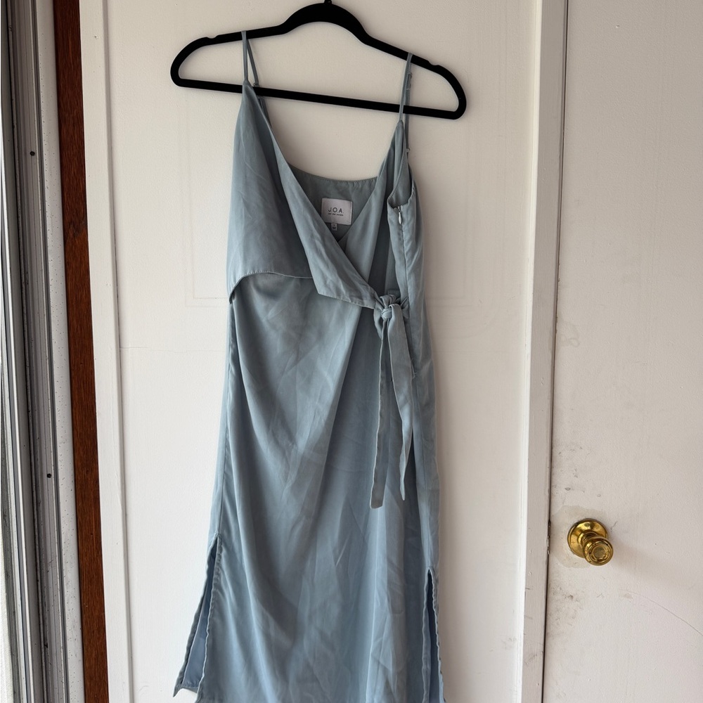 J.O.A. Fall In Love Powder Blue Satin Midi Wrap Dress